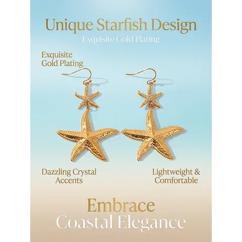 Exaggerated Stainless Steel Starfish Drop Earrings For Women Gold Plated Double Layer Sea Star Rhinestone Beach Vacation Ear Rings Ocean Jewelry Gift