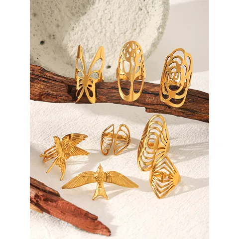 Vintage Stainless Steel Hollow Open Ring For Women Gold Plated Bird Butterfly Wing Geometric Statement Finger Ring Jewelry