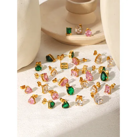 European American Stainless Steel 18K Gold Plated Zirconia Stud Earrings Colorful Geometric Heart Oval Waterdrop Jewelry