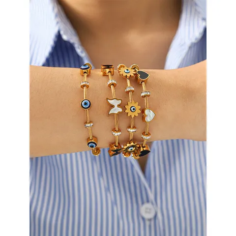 Fashion Stainless Steel Cable Screw Bangle For Women Gold Plated Rhinestone Evil Eye Heart Butterfly Charms Cuff Bracelet Jewelry