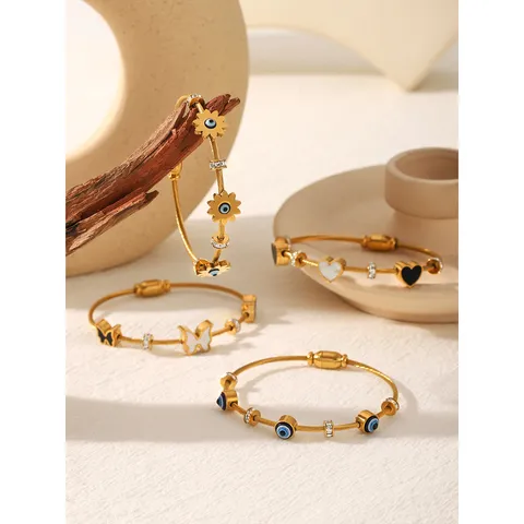 Fashion Stainless Steel Cable Screw Bangle For Women Gold Plated Rhinestone Evil Eye Heart Butterfly Charms Cuff Bracelet Jewelry