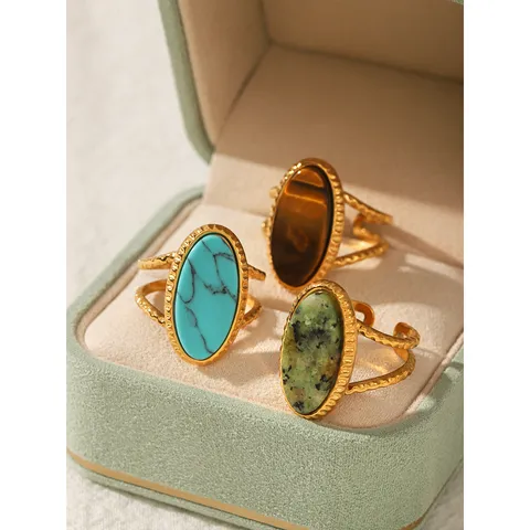 Vintage Stainless Steel Natural Stone Open Ring For Women Geometric Oval Inlaid Adjustable Luxury Niche Finger Ring Jewelry Gift
