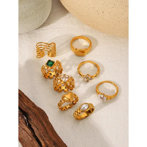Fashion Stainless Steel Watch Band Style Ring For Women Gold Plated Geometric Open Ring Artificial Pearl Rhinestone Heart Ring Jewelry