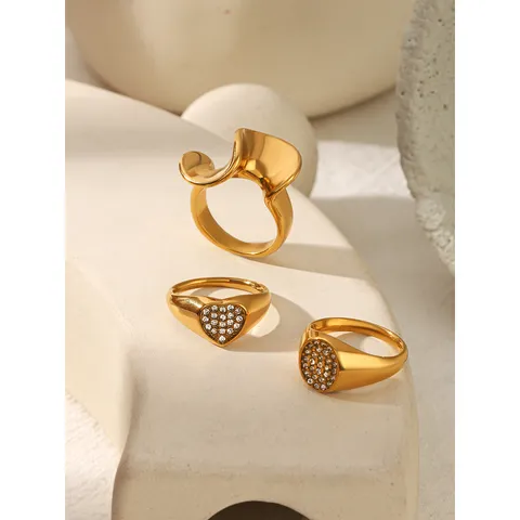 Fashion Stainless Steel Casting Geometric Rings For Women Heart Square Round Inlaid Rhinestone Gold Statement Finger Ring Jewelry Gift