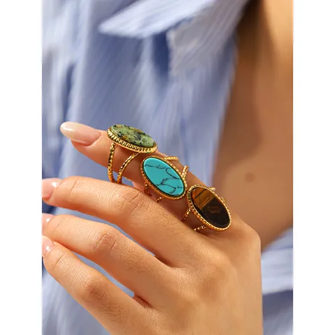 Vintage Stainless Steel Natural Stone Open Ring For Women Geometric Oval Inlaid Adjustable Luxury Niche Finger Ring Jewelry Gift