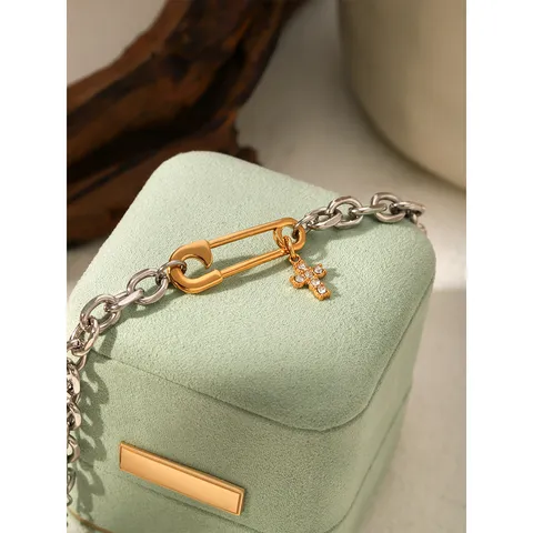 Stainless Steel Mixed Color Bracelet Safety Pin Cross Pendant Rhinestone Fashion Women Jewelry