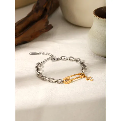 Stainless Steel Mixed Color Bracelet Safety Pin Cross Pendant Rhinestone Fashion Women Jewelry