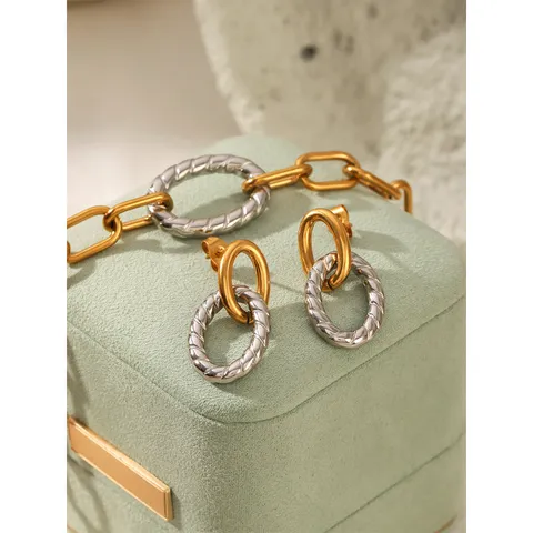 Minimalist Stainless Steel Two-Tone Chain Bracelet And Hoop Earrings Set Niche Design Geometric Toggle Clasp Jewelry For Women