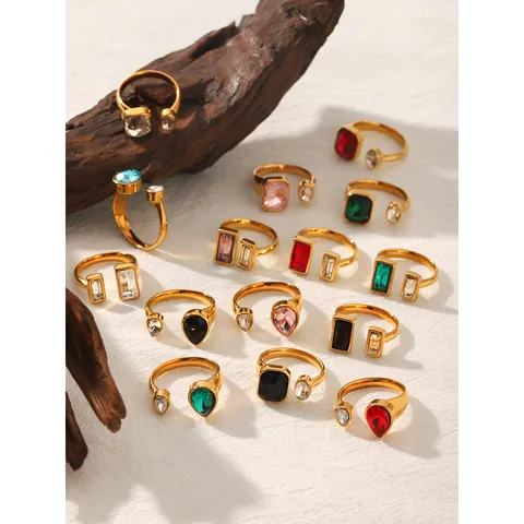 Geometric Stainless Steel Open Ring Gold Plated Rhinestone Adjustable Band Ring Light Luxury Fashion Hand Jewelry For Women