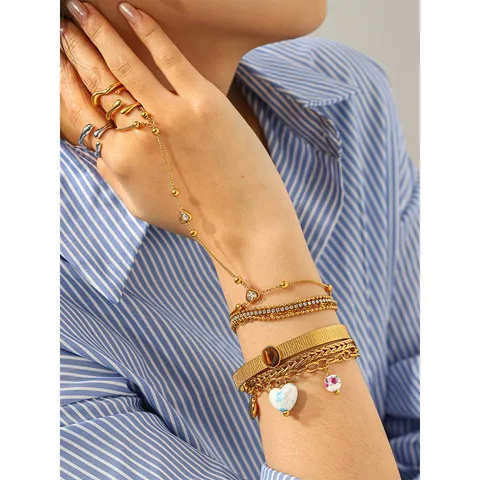 18k Gold Plated Stainless Steel Heart Bracelet For Women Elegant Rhinestone Chain Bracelet Small Open Ring Fashion Jewelry Gift
