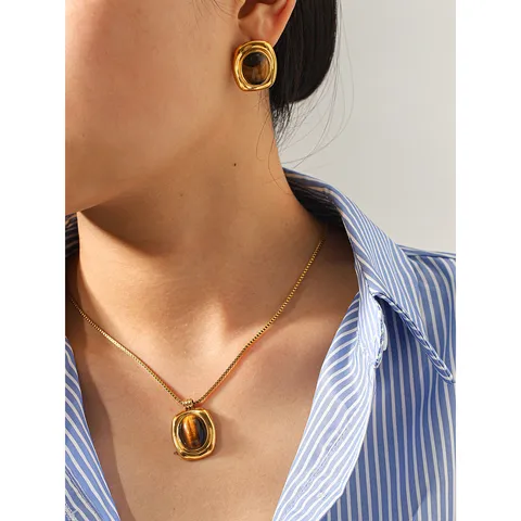 Stainless Steel 18K Gold Plated Tiger Eye Stone Necklace Earrings Set For Women Vintage French Geometric Jewelry