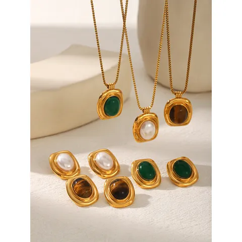 Stainless Steel 18K Gold Plated Tiger Eye Stone Necklace Earrings Set For Women Vintage French Geometric Jewelry