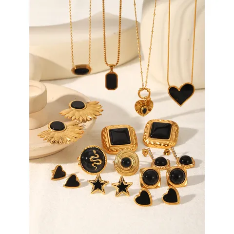 Retro Stainless Steel Black Gold Heart Star Stud Earrings Necklace Ring Set For Women Geometric Rhinestone Jewelry