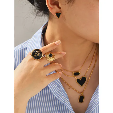 Retro Stainless Steel Black Gold Heart Star Stud Earrings Necklace Ring Set For Women Geometric Rhinestone Jewelry
