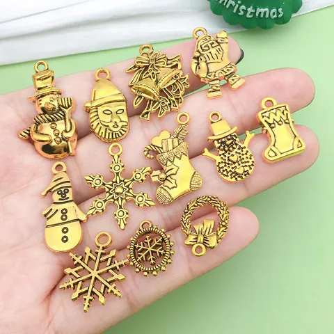 Antique Gold Christmas Snowflake Santa Claus Elk Bell DIY Jewelry Charms Alloy Pendants Assorted Holiday Craft Accessories for Earrings Bracelet Making