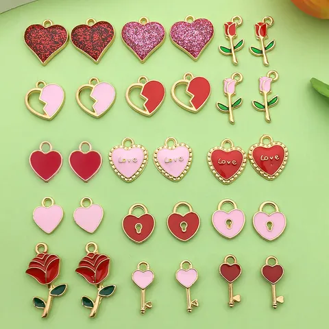 DIY Enamel Zinc Alloy Heart Rose Lock Key Pendants Charms Colorful Mixed Valentine's Day Jewelry Making Accessories