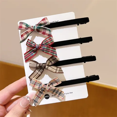 Sweet Preppy Style Plaid Ribbon Bow Hair Clip Velvet Side Clip Cute Hairpin Hair Accessories For Women And Girls