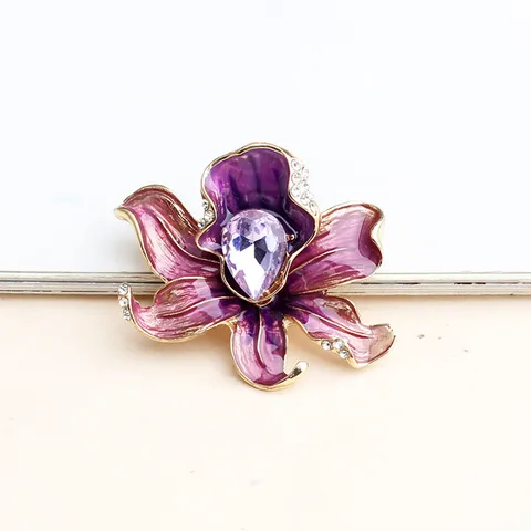 Elegant Zinc Alloy Enamel Peony Flower Brooch With Purple Waterdrop Gemstone Rhinestone Accents Fashion Pin For Coat Suit Dress Gift Women Jewelry