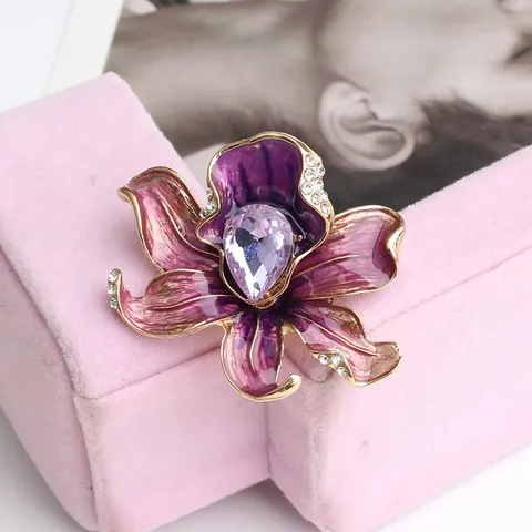 Elegant Zinc Alloy Enamel Peony Flower Brooch With Purple Waterdrop Gemstone Rhinestone Accents Fashion Pin For Coat Suit Dress Gift Women Jewelry