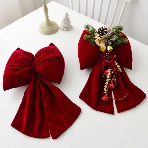 Kerstboom Decoratieve Fluwelen Strik Hangende Decoratie Vakantie Etalage Arrangement Geruite Strik Ornament Met Bellen Dennenappels Voor Nieuwjaar Feest Decor