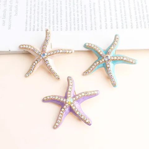 Ocean Style Rhinestone Starfish Brooch For Women Zinc Alloy Enamel Marine Life Animal Pin For Beach Holiday Daily Gift