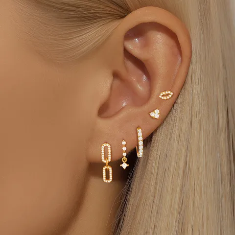 Women Geometric Rhinestone Stud Earrings Set Gold Silver Plated Copper Inlaid Rhinestone Chain Heart Square Drop Earrings Fashion Jewelry