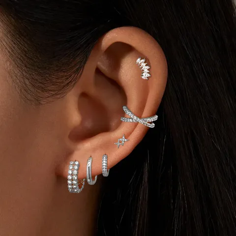 Fashion Rhinestone Cross Ear Cuff Stud Earring Set For Women Gold Silver Plated Geometric Star Hoop Earrings Jewelry