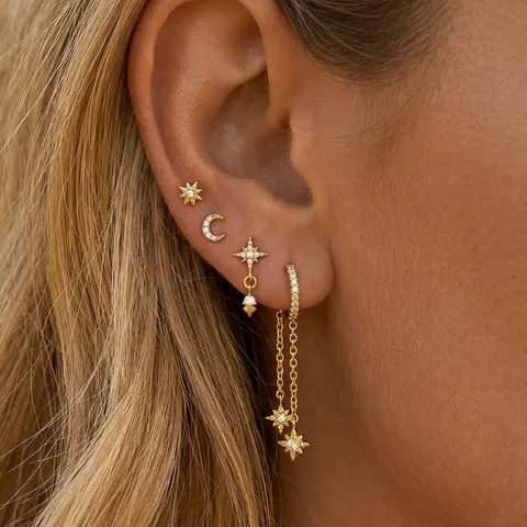 Orecchini a Cerchio e a Bottone in Rame Placcato Oro a Forma di Stella e Luna Gioielli 24K Strass Pavé Collezione per Donna Banchetto Festa Regalo