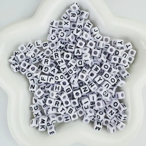 Acrylic Square Letter Beads White Background Black Letters Cube Loose Beads For DIY Jewelry Making Bracelet Necklace