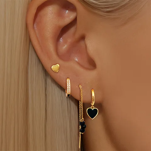Gold-Plated Copper Black Enamel Heart Tassel Drop Earrings Set Western Popular Rhinestone Pave Stud Hoop Earrings For Valentine Gift Women Jewelry