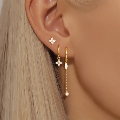 Luxury Gold Silver Plated Copper Zirconia Earrings Collection Geometric Four Leaf Clover Tassel Hoop Stud Earrings Jewelry