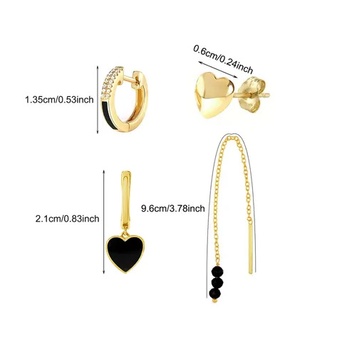 Gold-Plated Copper Black Enamel Heart Tassel Drop Earrings Set Western Popular Rhinestone Pave Stud Hoop Earrings For Valentine Gift Women Jewelry