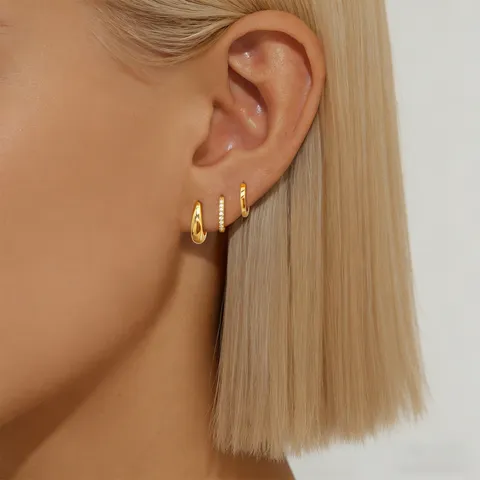 Luxury Gold Plated Copper Huggie Hoop Earrings Set For Women Minimalist Rhinestone Pave Geometric Earrings Jewelry Accessory