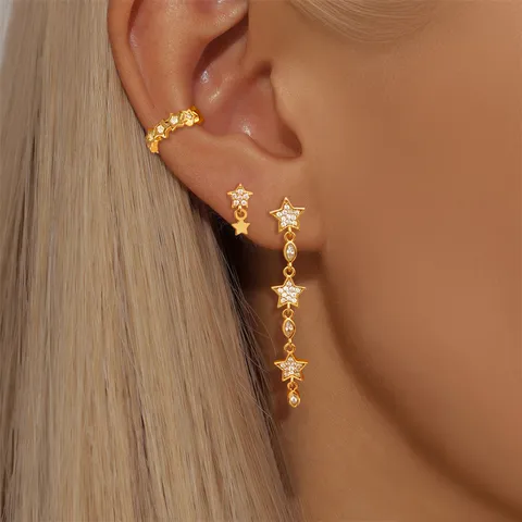 Mode Cuivre Strass Étoile Boucles d'Oreilles Ensemble pour Femmes Élégant Or Argent Plaqué Géométrique Étoile Boucles d'Oreilles Clous Long Tassel Bijoux