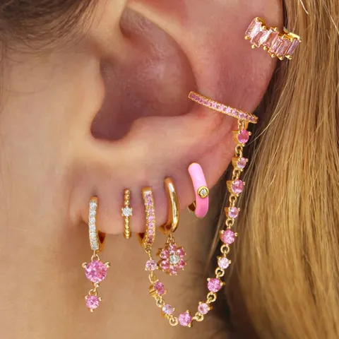 Fashion Gold Plated Copper Pink Rhinestone Hoop Earrings Set For Women Geometric Pave Crystal Stud Ear Cuff Link Chain Earrings Jewelry
