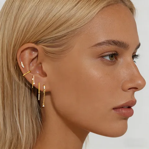 European Light Luxury Real Gold Plated Rhinestone Star Tassel Chain Ear Cuff Set Non Piercing Cartilage Clip On Earrings For Women Party Jewelry Gift