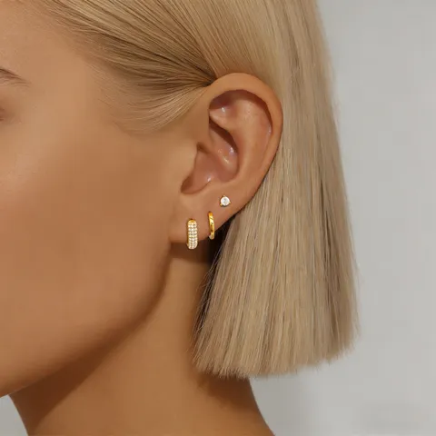 Gold Plated Rhinestone Hoop Earrings Set For Women Geometric Pave Huggie Stud Earrings Luxury Fashion Jewelry Gift