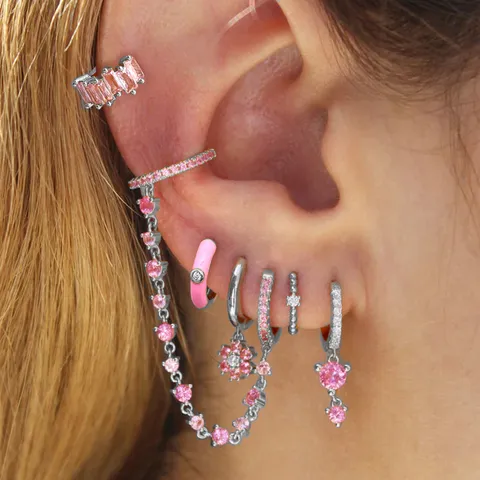 Fashion Gold Plated Copper Pink Rhinestone Hoop Earrings Set For Women Geometric Pave Crystal Stud Ear Cuff Link Chain Earrings Jewelry