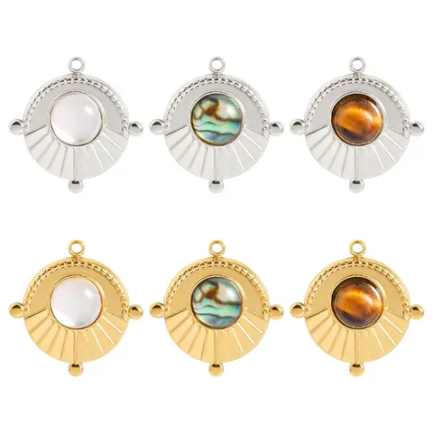 304 Edelstahl Rund Naturstein Anhänger Galvanisiert Gold Symmetrisch Sonnenscheibe Charm Für DIY Schmuckherstellung Halskette Zubehör