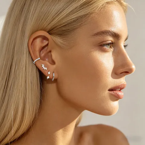 Women Fashion Moon Star Rhinestone Earrings Set 24K Gold Silver Plated Copper Stud Ear Cuffs Huggie Hoop Jewelry