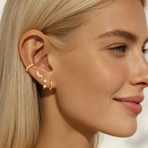 Women Fashion Moon Star Rhinestone Earrings Set 24K Gold Silver Plated Copper Stud Ear Cuffs Huggie Hoop Jewelry