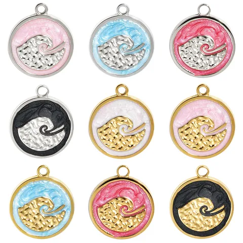 Pendentif Rond en Acier Inoxydable Vague d'Océan Émail Coloré Goutte d'Huile Composants de Bijoux Pour Bricolage Bracelet Collier Boucles d'Oreilles