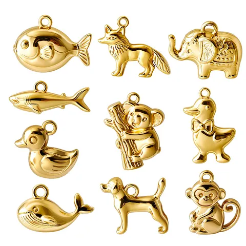 Ciondoli Animali 3D in Acciaio Inossidabile Oro Argento Galvanizzato Cane Scimmia Elefante Squalo Balena Koala Volpe Anatra Pesce Pendenti per Creazione Gioielli Fai-da-te Bracciale Collana Orecchini Accessorio