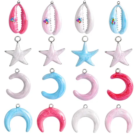 Pendentifs en Acier Inoxydable Émaillés Couleur Macaron Lune Étoile Coquillage Étoile de Mer pour la Fabrication de Bijoux DIY Femme