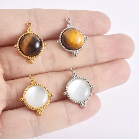 304 Edelstahl Rund Anhänger Mit Natürlicher Perlmutt Tigerauge Stein Anhänger Für Halskette Armband DIY Schmuckherstellung Zubehör