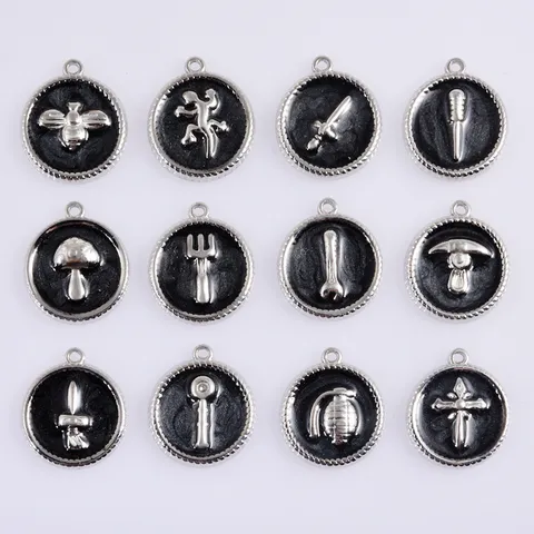 Colgante Redondo de Acero Inoxidable 304 Abalorios de Mini Herramientas Esmalte Llave Daga Martillo Abeja Geco Hongo Accesorios DIY