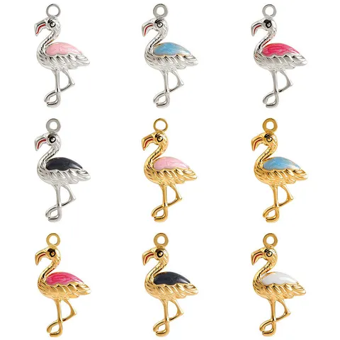 Stainless Steel Flamingo Enamel Charm Cute Bird Animal Pendant Electroplated Jewelry Finding For DIY Necklace Bracelet Craft Making