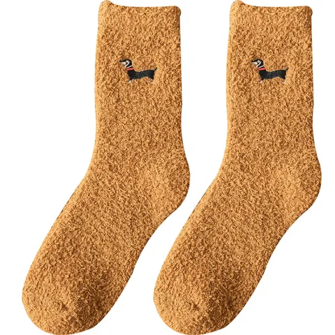 Chaussettes de Sommeil en Polaire de Corail Épaissie pour Hommes Chaussettes de Tube Chaudes Couleur Unie avec Jolie Broderie de Chien Vêtements de Maison Quotidiens