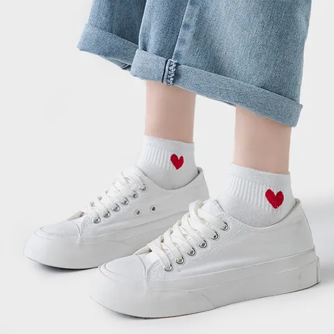 Women Heart Embroidered Cotton Short Socks Minimalist Casual Crew Socks Soft Breathable Daily Wear
