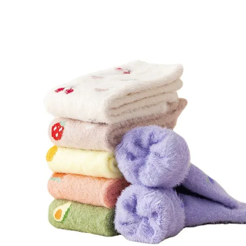 Women Winter Thickened Warm Plush Floor Socks Cute Fruit Pattern Mink Fleece Home Sleeping Socks Soft Cozy Thermal Hosiery